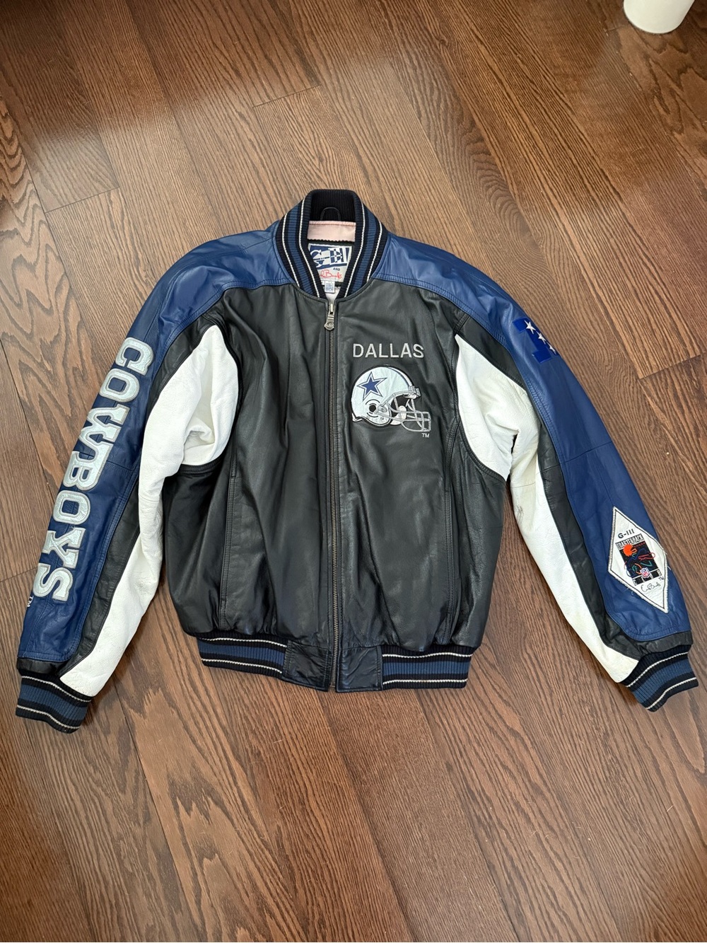 Vintage 90s Dallas Cowboys Black & Blue Leather Bomber Jacket